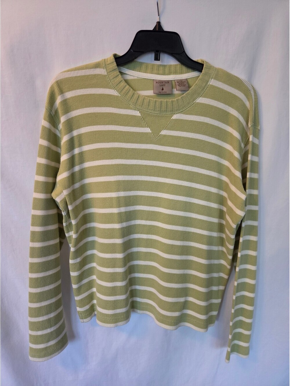Mountain Lake Petite PM Green and White Striped Long Sleeve Sweater